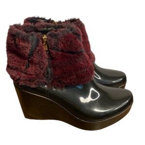 Lemon Jelly Wedge Heel Rain Ankle Boots Black Faux Fur Size EU37